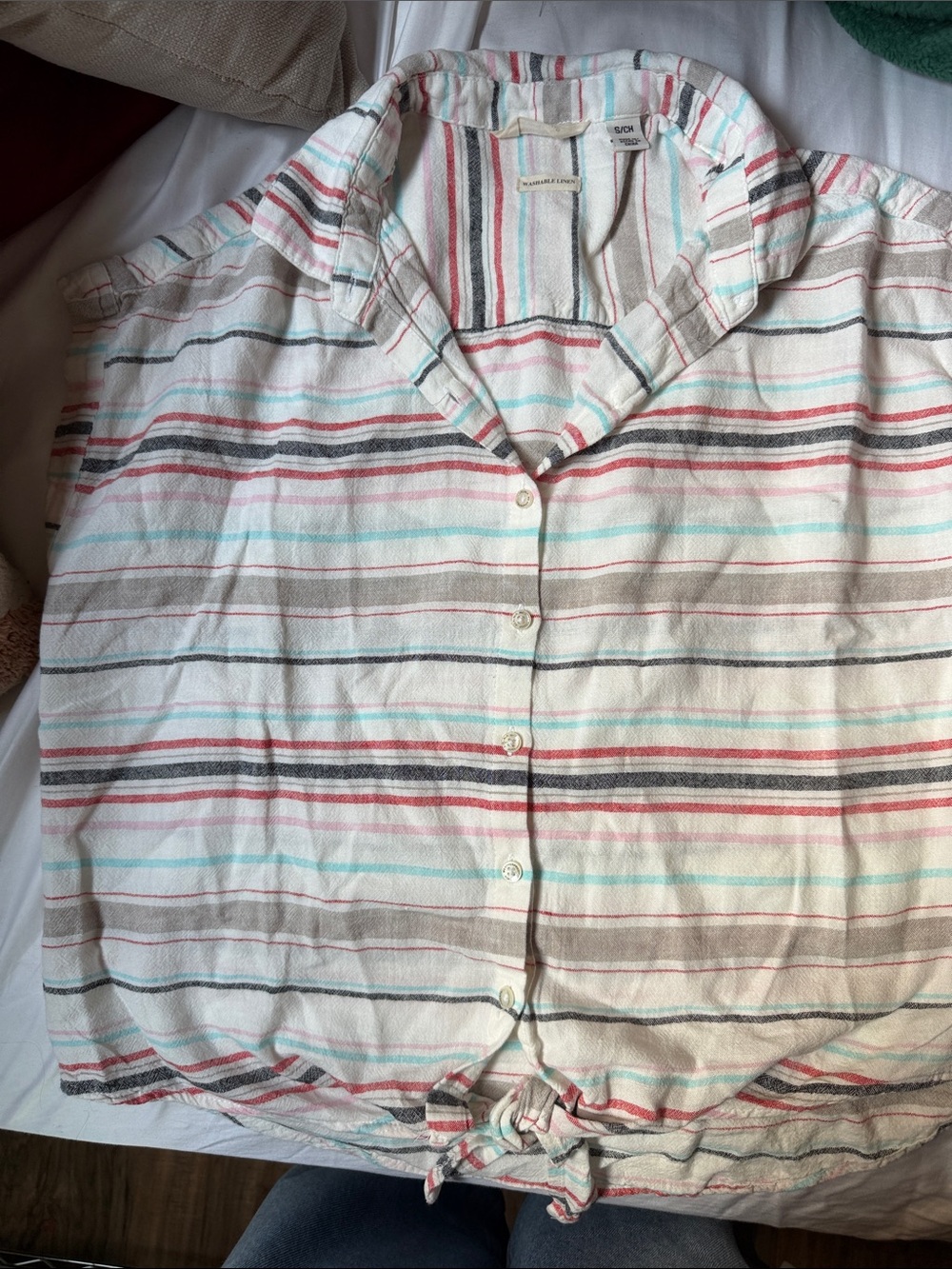 Weatherproof Men’s Button-Front Shirt in White with Red, Aqua & Gray Stripes